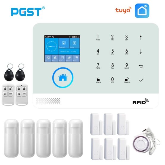 PGST PG103 Tuya Wifi GSM Alarm System Wireless Burglar Home Security System with RFID Card Motion Sensor APP Remote Control