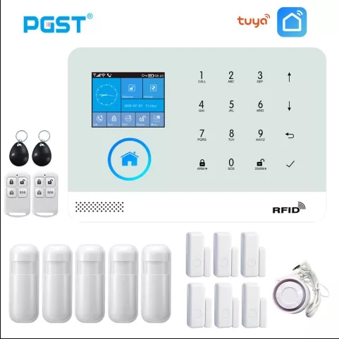 PGST PG103 Tuya Wifi GSM Alarm System Wireless Burglar Home Security System with RFID Card Motion Sensor APP Remote Control